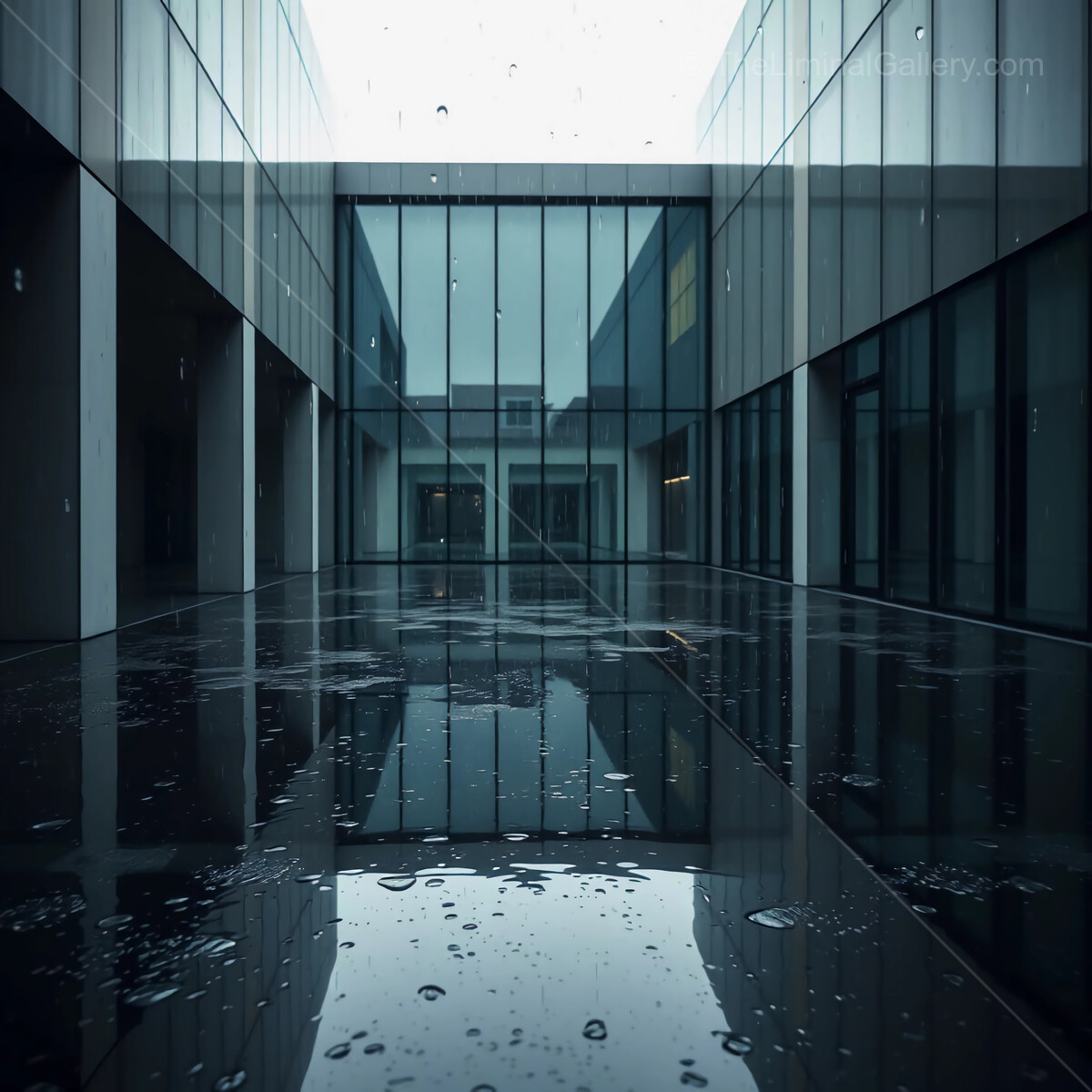 Reflections of a serene courtyard in the rain, capturing modern architecture's elegance and tranquility