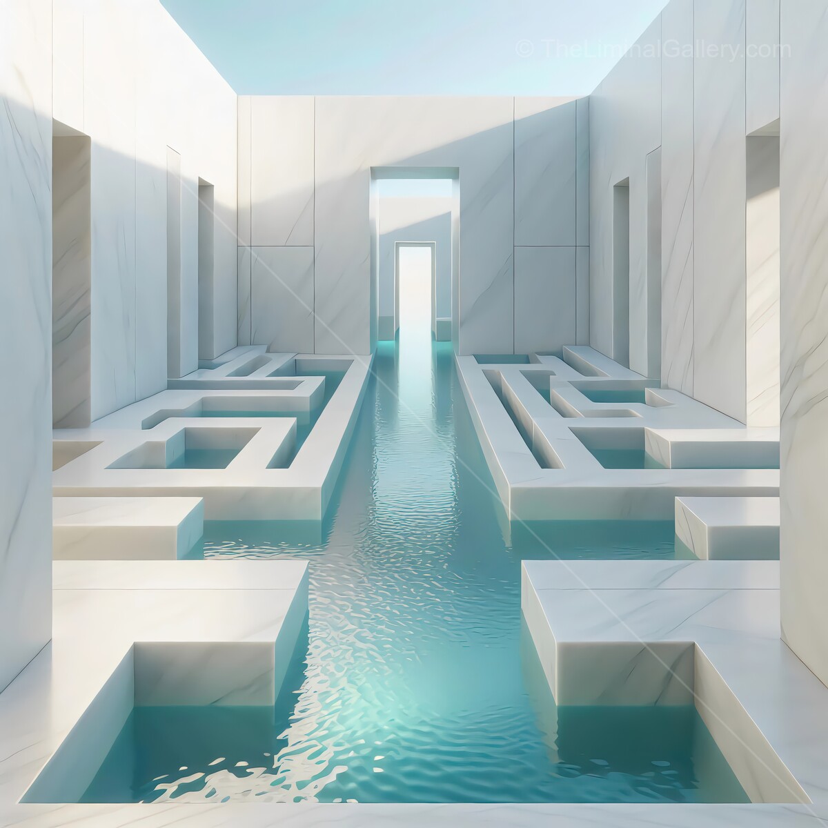 Serene liminal marble labyrinth with reflective water during bright daylight in an artistic oasis
