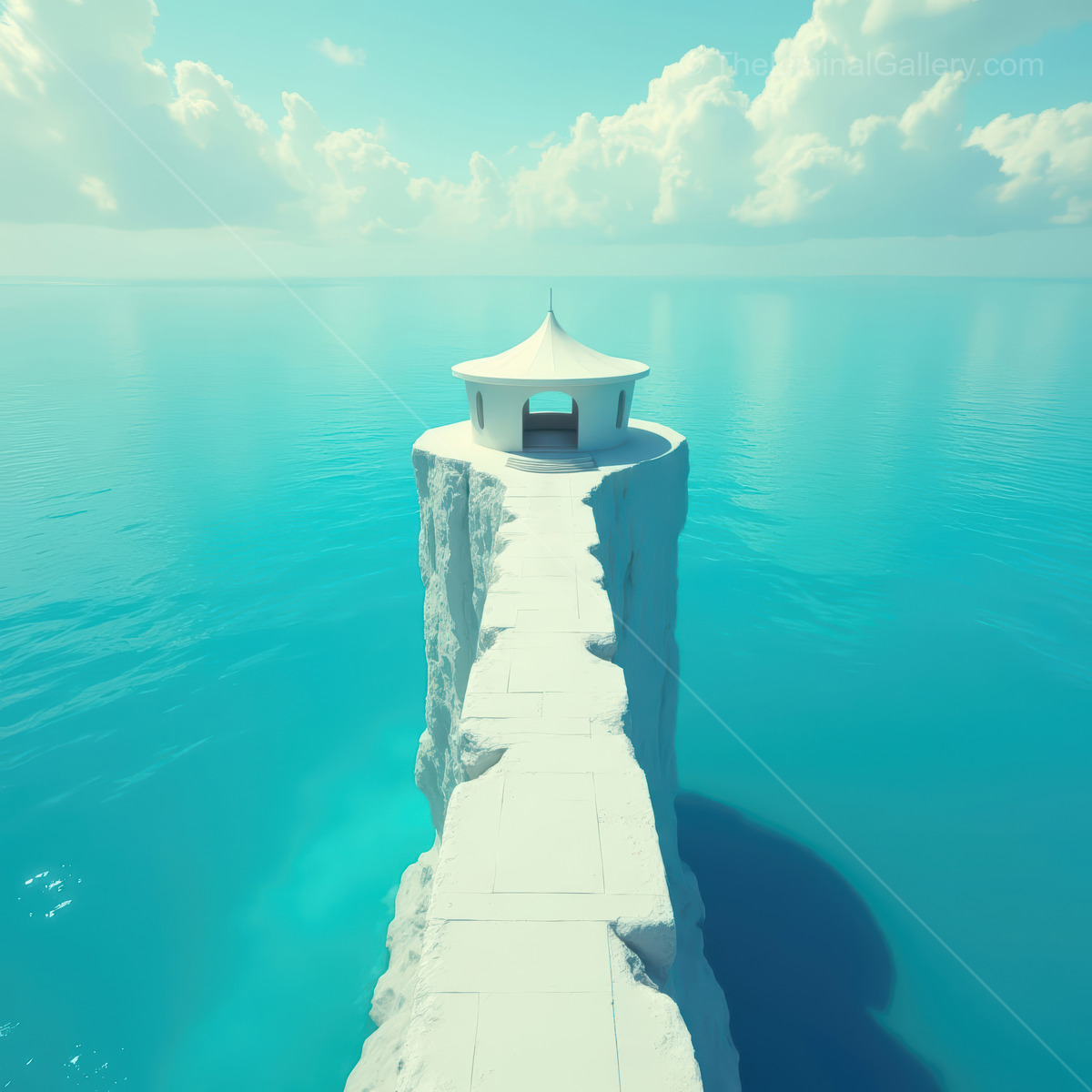 Serene retreat emerges from shimmering turquoise waters under a vast sky filled with fluffy clouds, inviting tranquility and reflection in a perfect coastal paradise