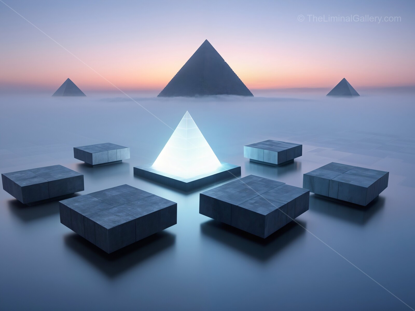 Mystical liminal pyramids rise above a serene lake at dawn, reflecting an ethereal glow in tranquil waters