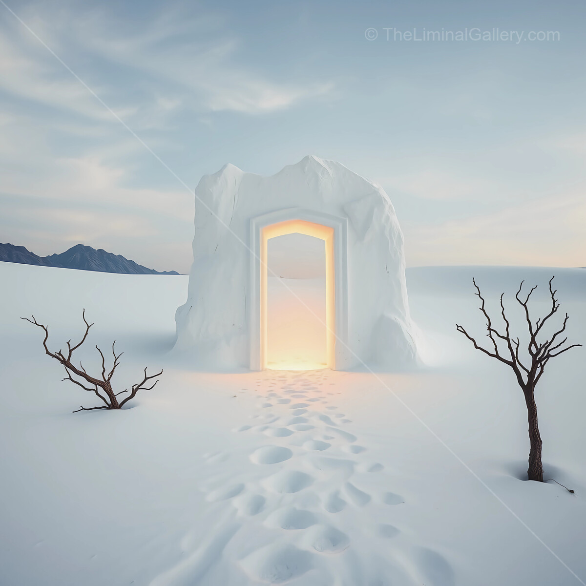 Snow-covered door stands open, inviting exploration beneath a vast liminal winter sky