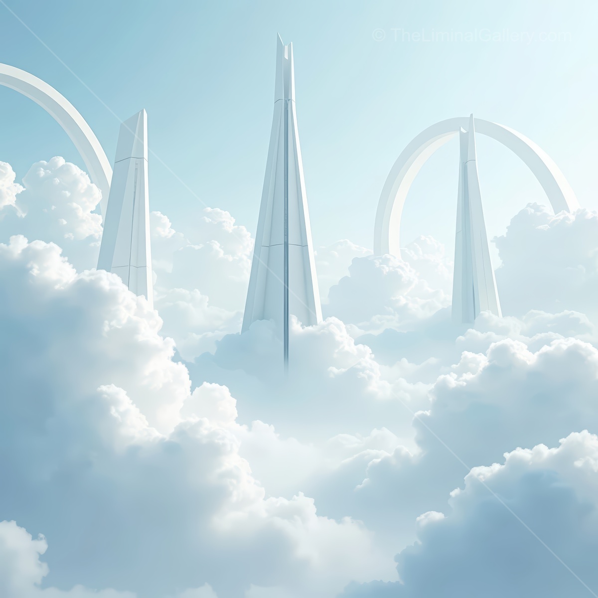 Towering structures rise majestically through fluffy clouds, creating a surreal skyline that evokes wonder and imagination in this ethereal landscape