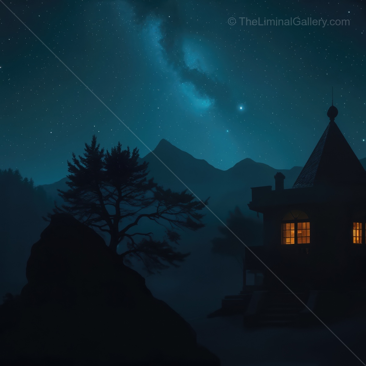 A delightful and enchanting cottage glows warmly under the vast expanse of a star-filled night sky, nestled near the breathtaking backdrop of magnificent mountains