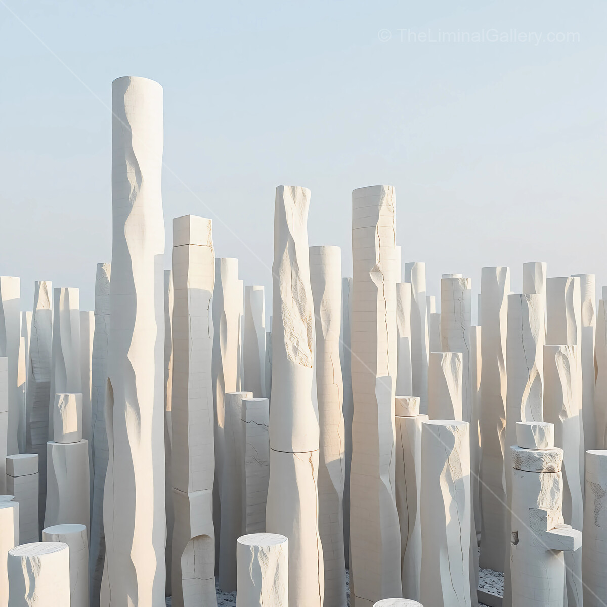 Unique stone sculptures rise towards the sky in a serene landscape at dawn displaying nature's artistry