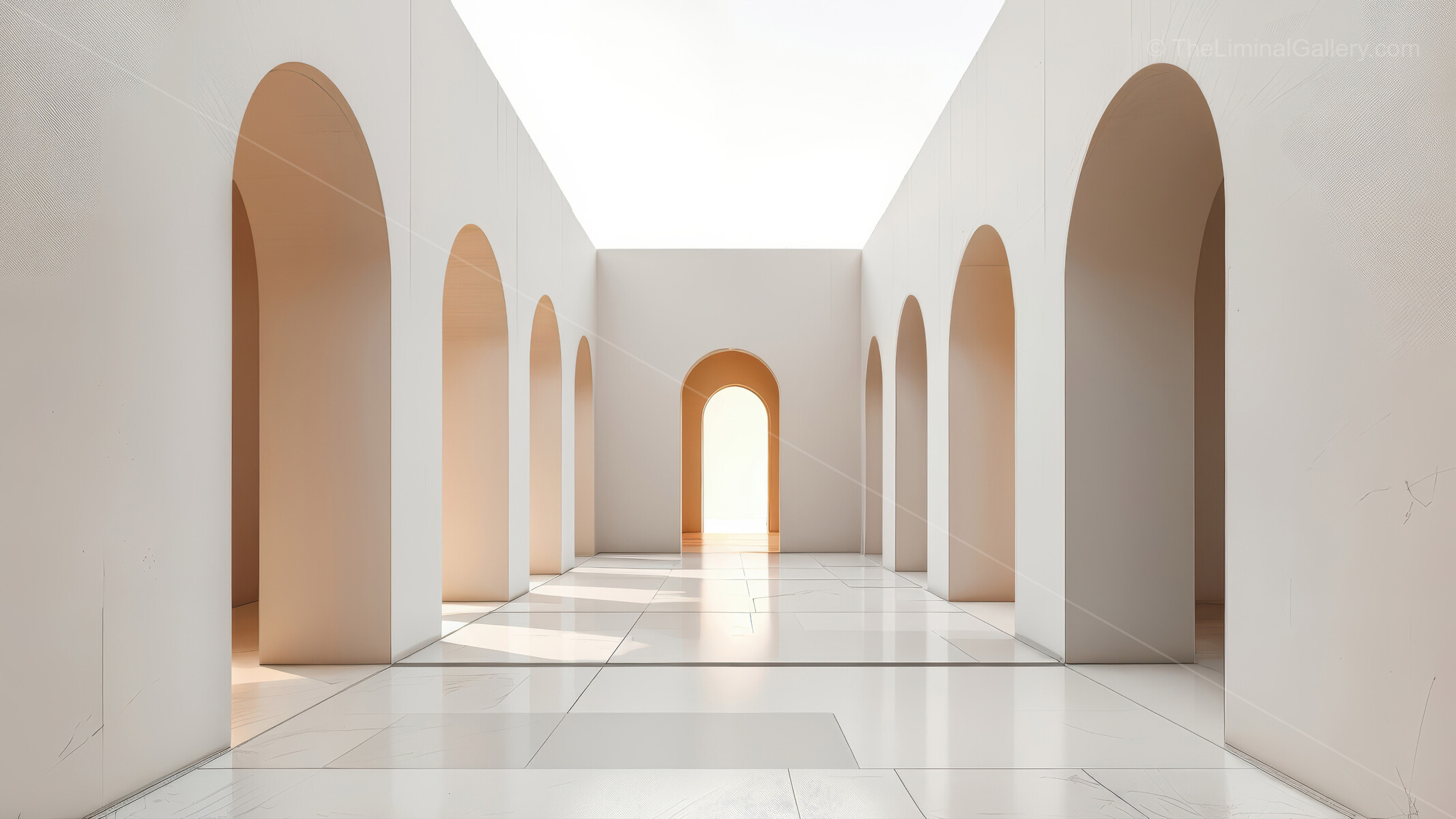 Graceful arches guide a midday corridor, sunbeams tracing delicate shadows that accent the architecture's quiet rhythm and evoke contemplative passage