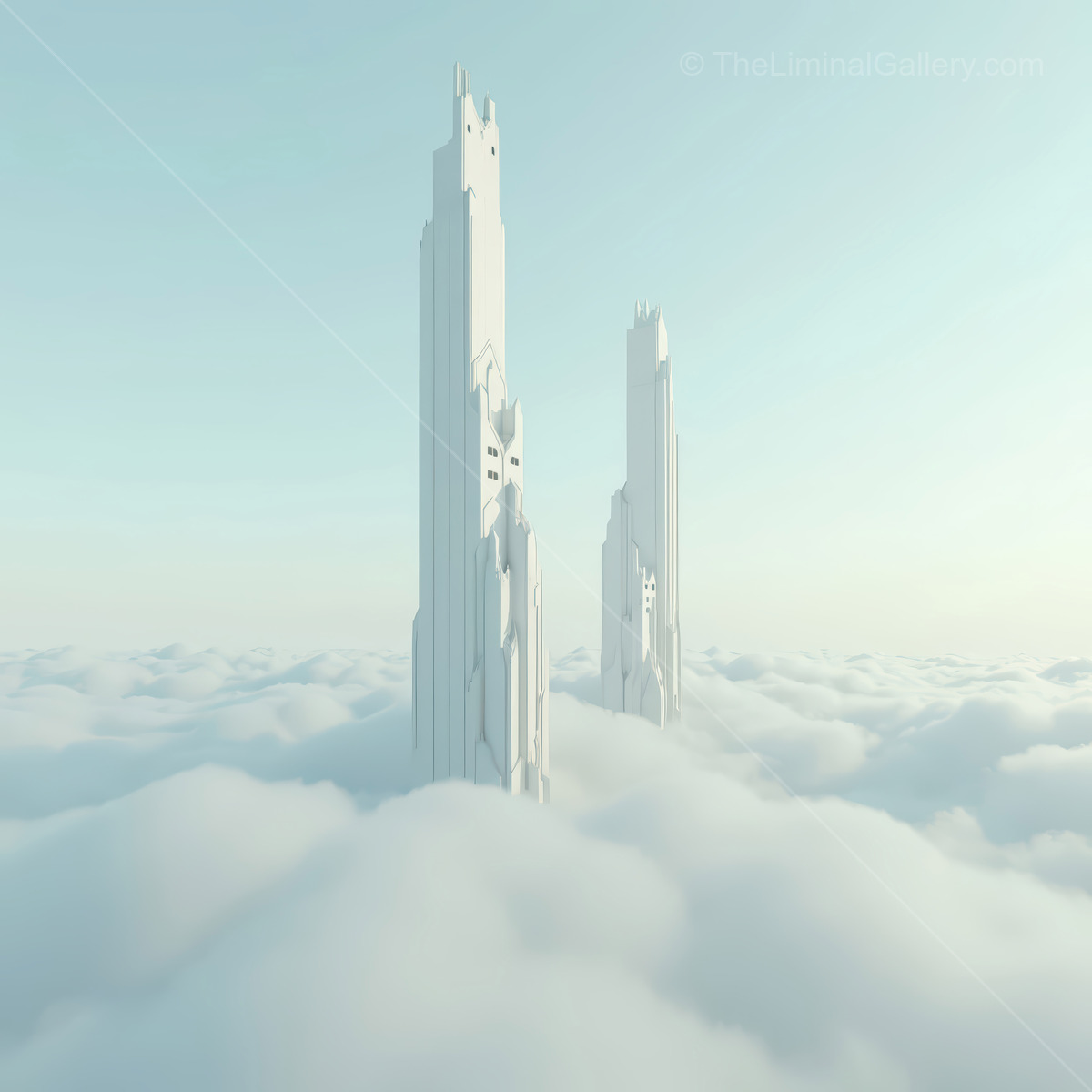 Sunlit towers drift above silken clouds, their mirrored silhouettes tracing a tranquil sky and inviting adventurers to explore this weightless, ethereal realm