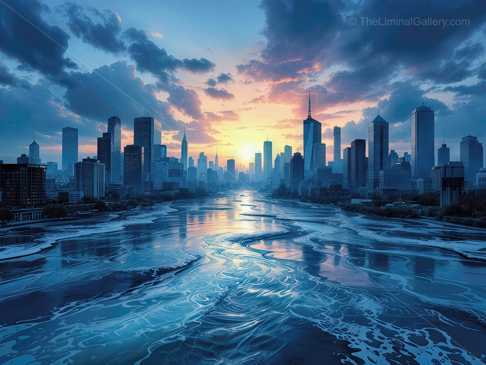 Vibrant sunset ignites the riverside skyline, turning city towers into silhouettes painted with crimson and gold, a fleeting urban panorama that celebrates dusk's electric beauty