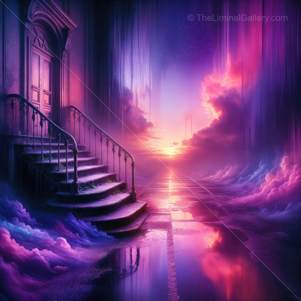 Mystical staircase ascends toward vibrant sunset, sky ablaze with color while fluffy clouds and mirror reflections below create an ethereal, breathtaking vista