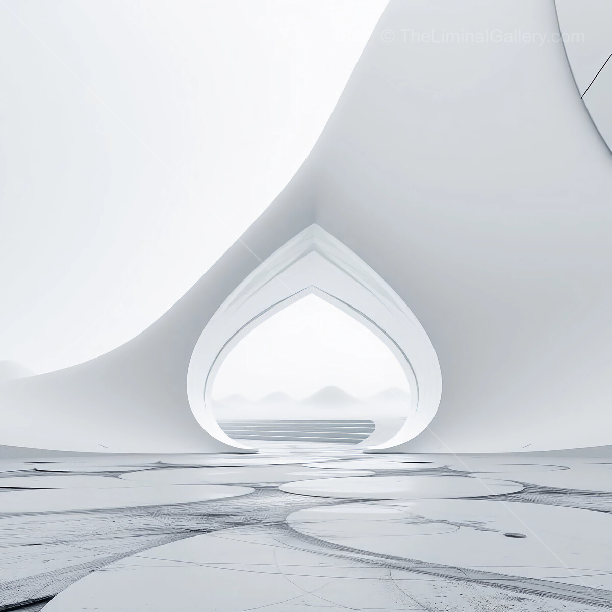 Exploring a liminal surreal architectural space with flowing curves and soft light