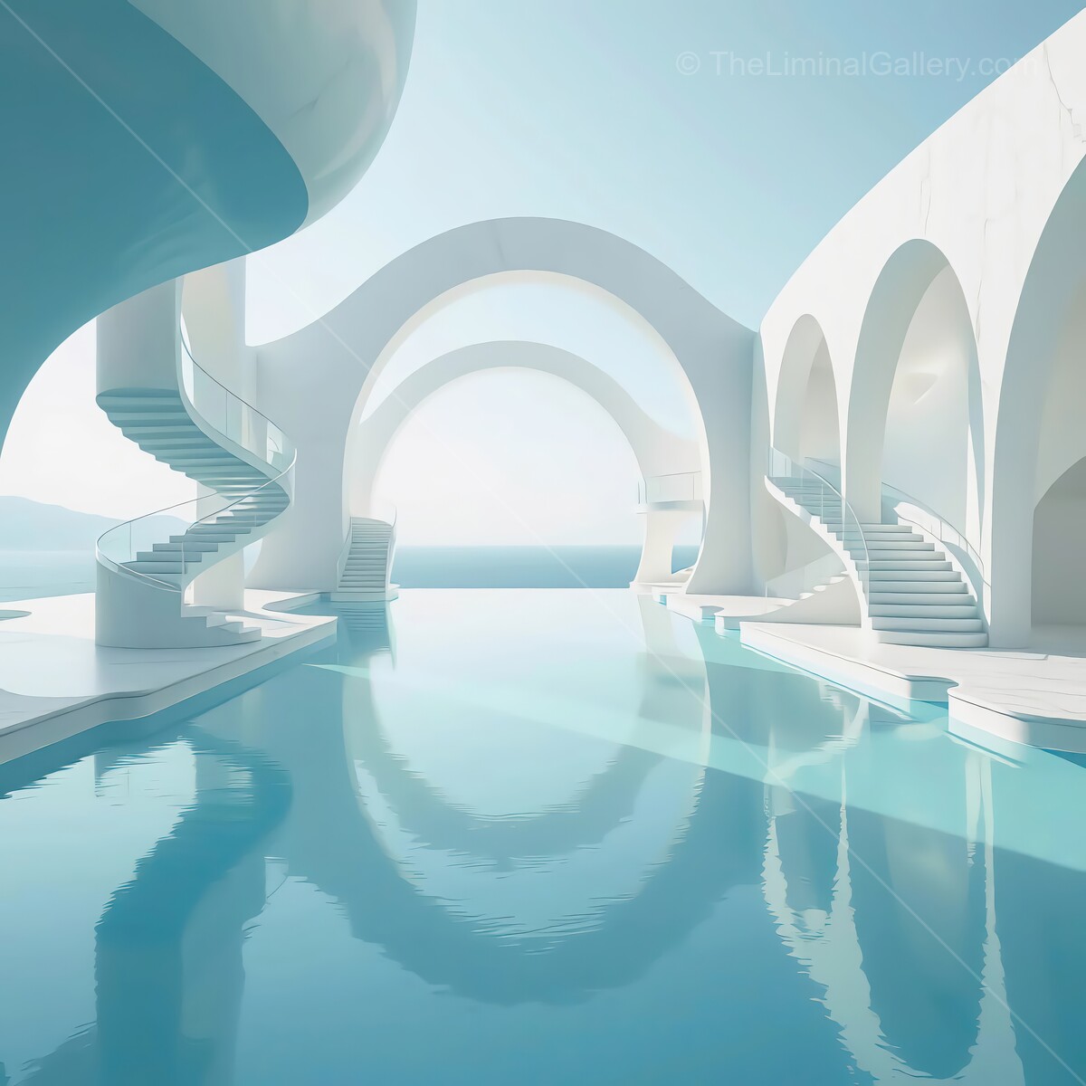 Surreal liminal architectural marvel by the tranquil sea at dawn, reflecting dreams and elegance