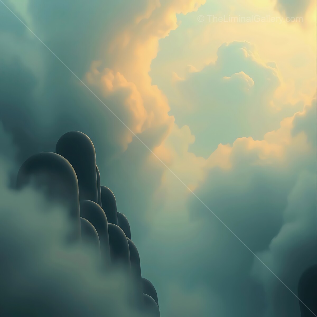 Surreal landscape emerges from swirling clouds beneath soft golden light