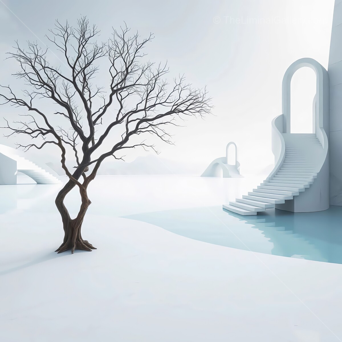 Stark liminal beauty emerges in a surreal landscape with twisted tree and elegant stairs