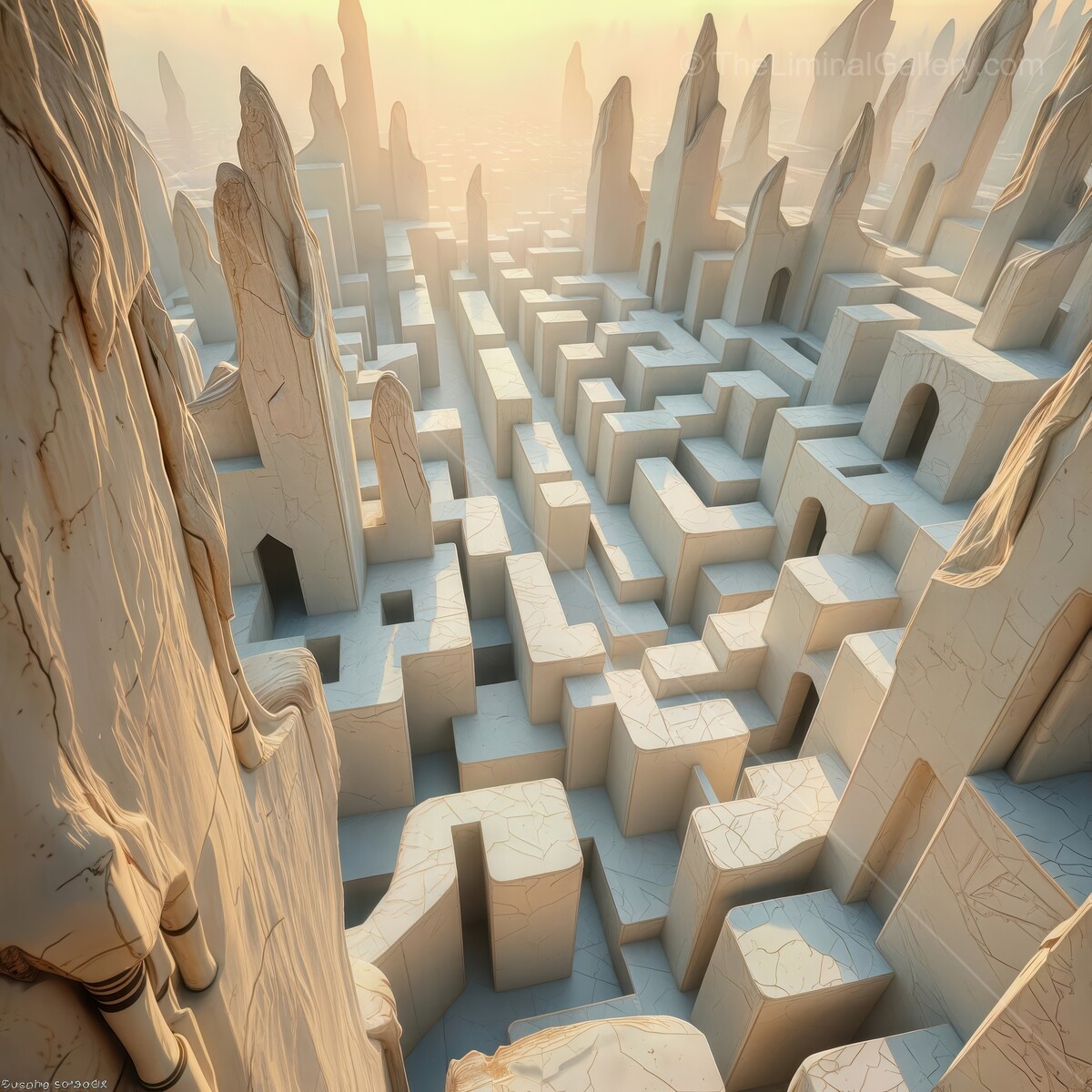 Surreal maze of white stone structures illuminated by soft morning light