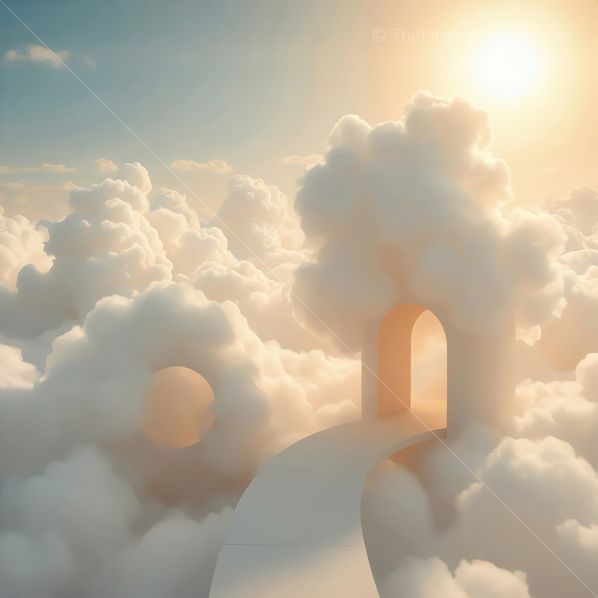 Explore a surreal pathway through the clouds towards a glowing doorway of infinite possibilities