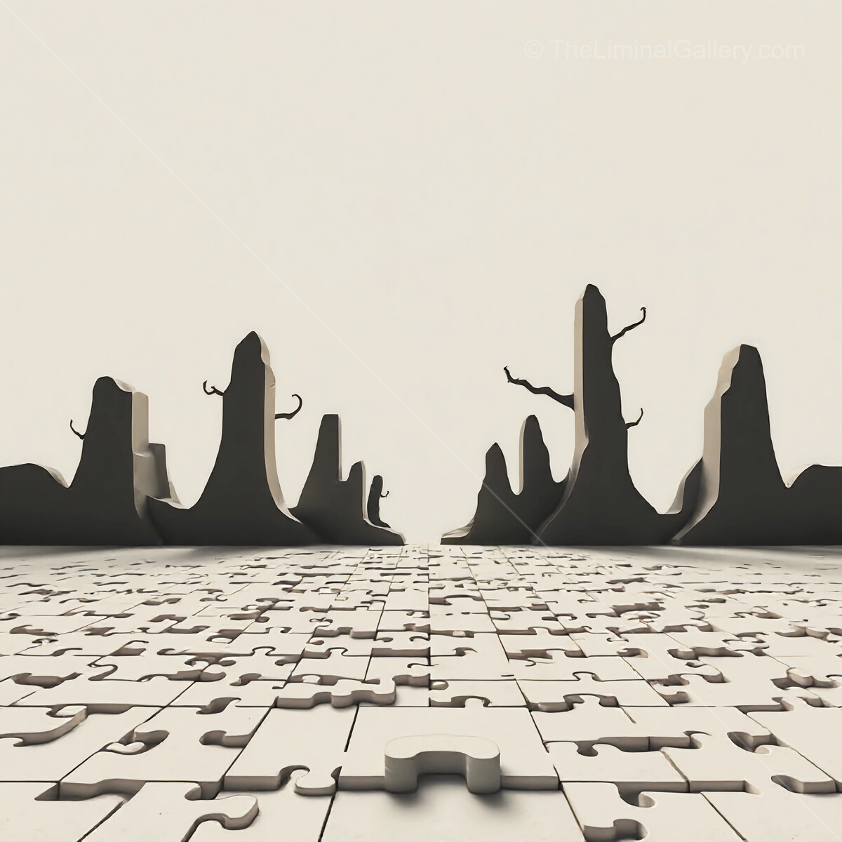 Surreal landscape with puzzle pieces blending into a mysterious horizon at dawn