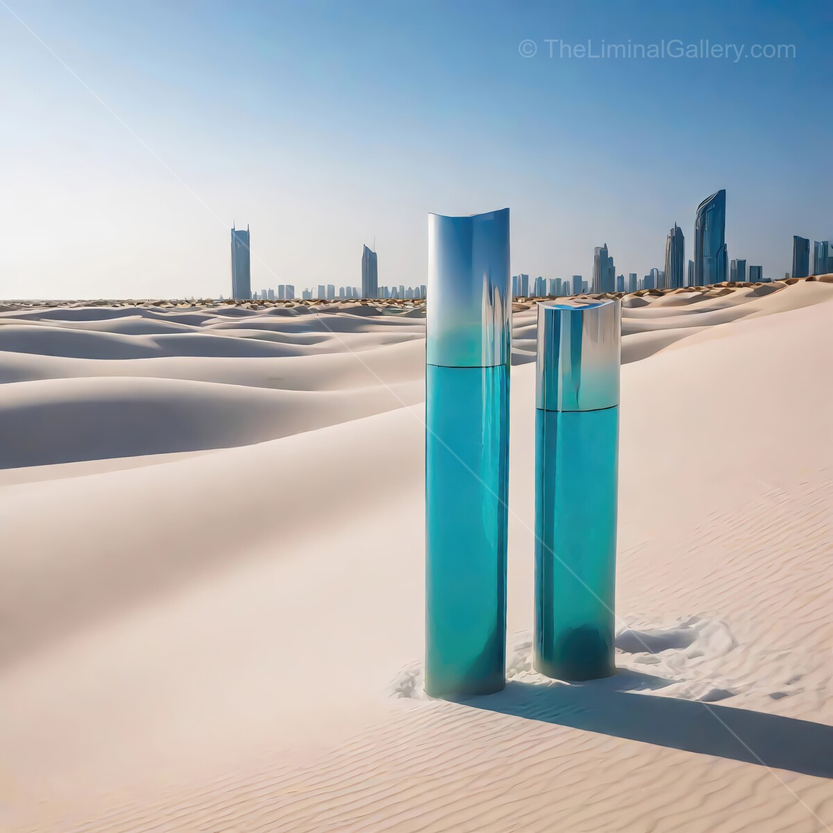 Glistening towers of blue stand tall against the vast desert landscape near a vibrant city skyline