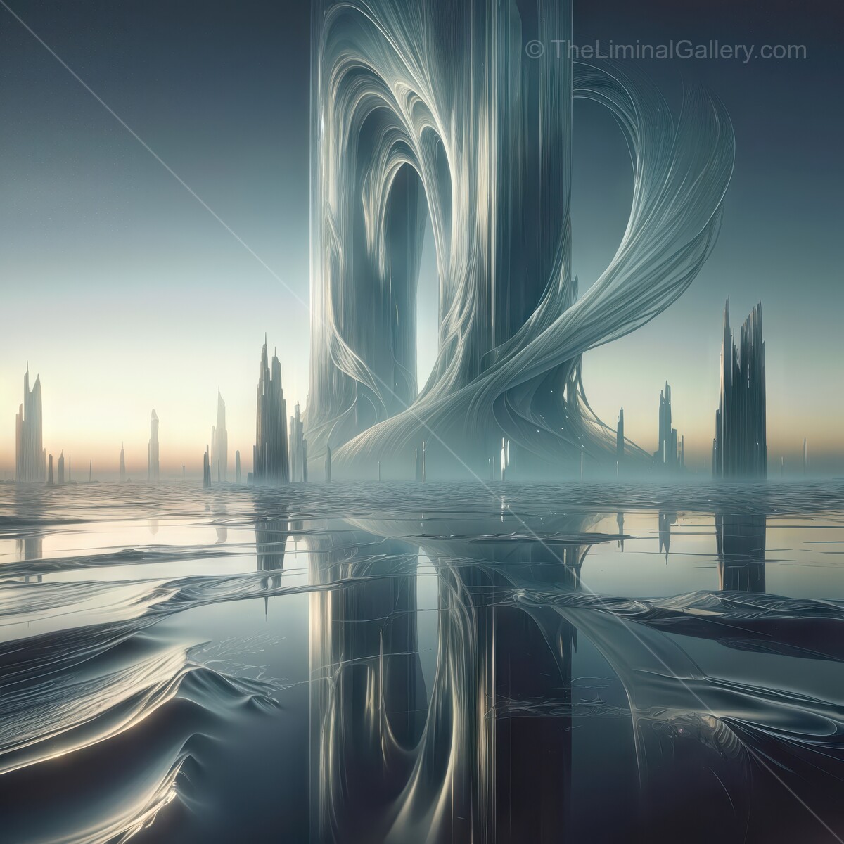 Futuristic landscape with ethereal towers reflecting in tranquil waters at dawn