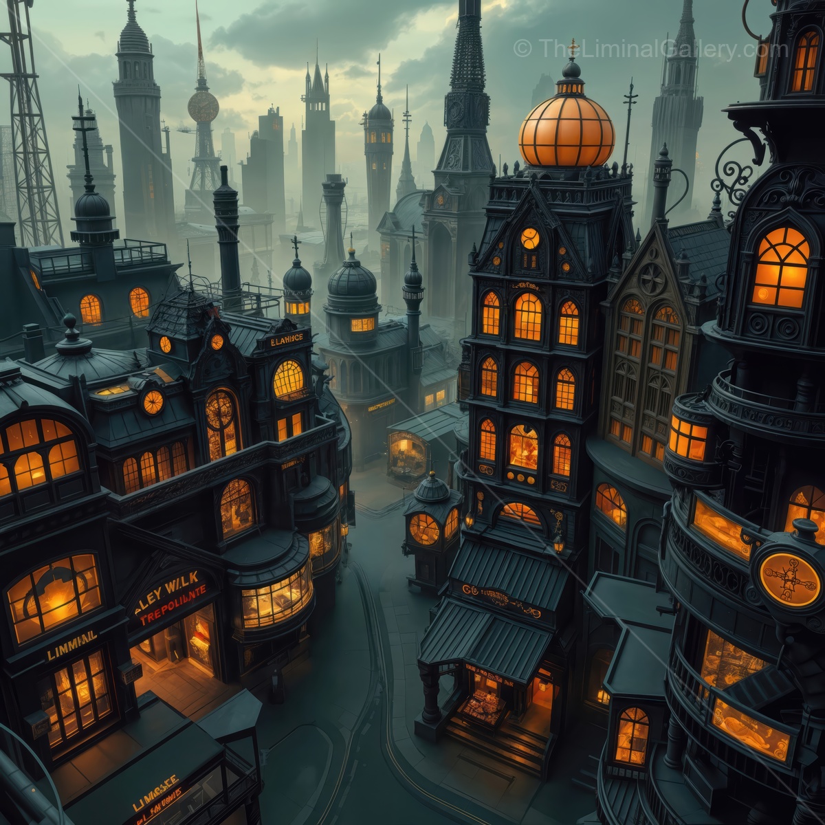 Mysterious cityscape glowing in twilight with intricate architecture and shadowy alleyways
