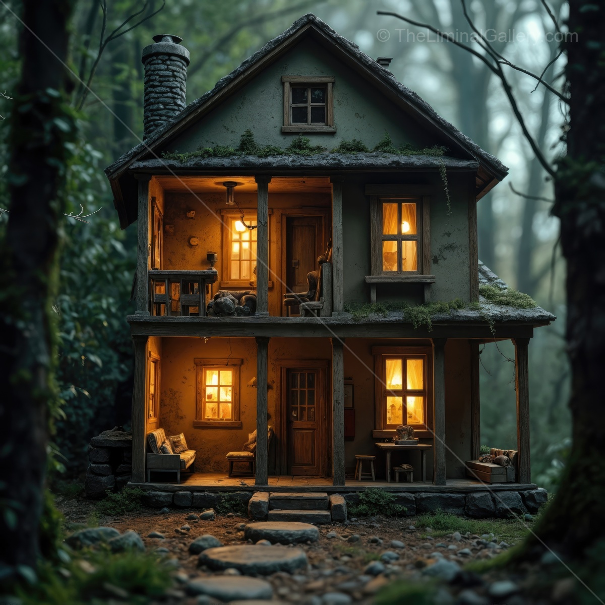 Enchanting forest cottage illuminated by warm glow, surrounded by ancient trees and misty atmosphere during twilight hours, evoking a sense of magic and tranquility