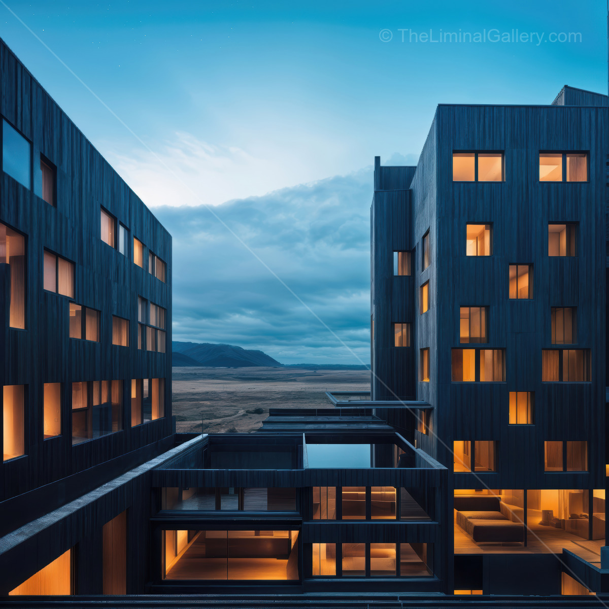 At dusk, sleek modern structure harmonizes with tranquil natural backdrop, balancing innovative architecture and soothing environment in a single serene vista