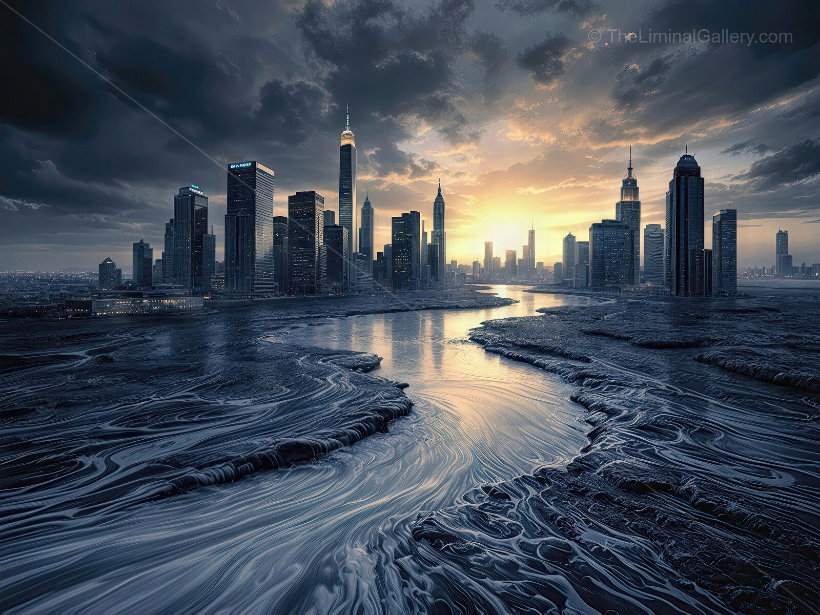 Majestic city skyline against a dramatic twilight backdrop with swirling waters, highlighting the beauty of architecture and nature's artistry