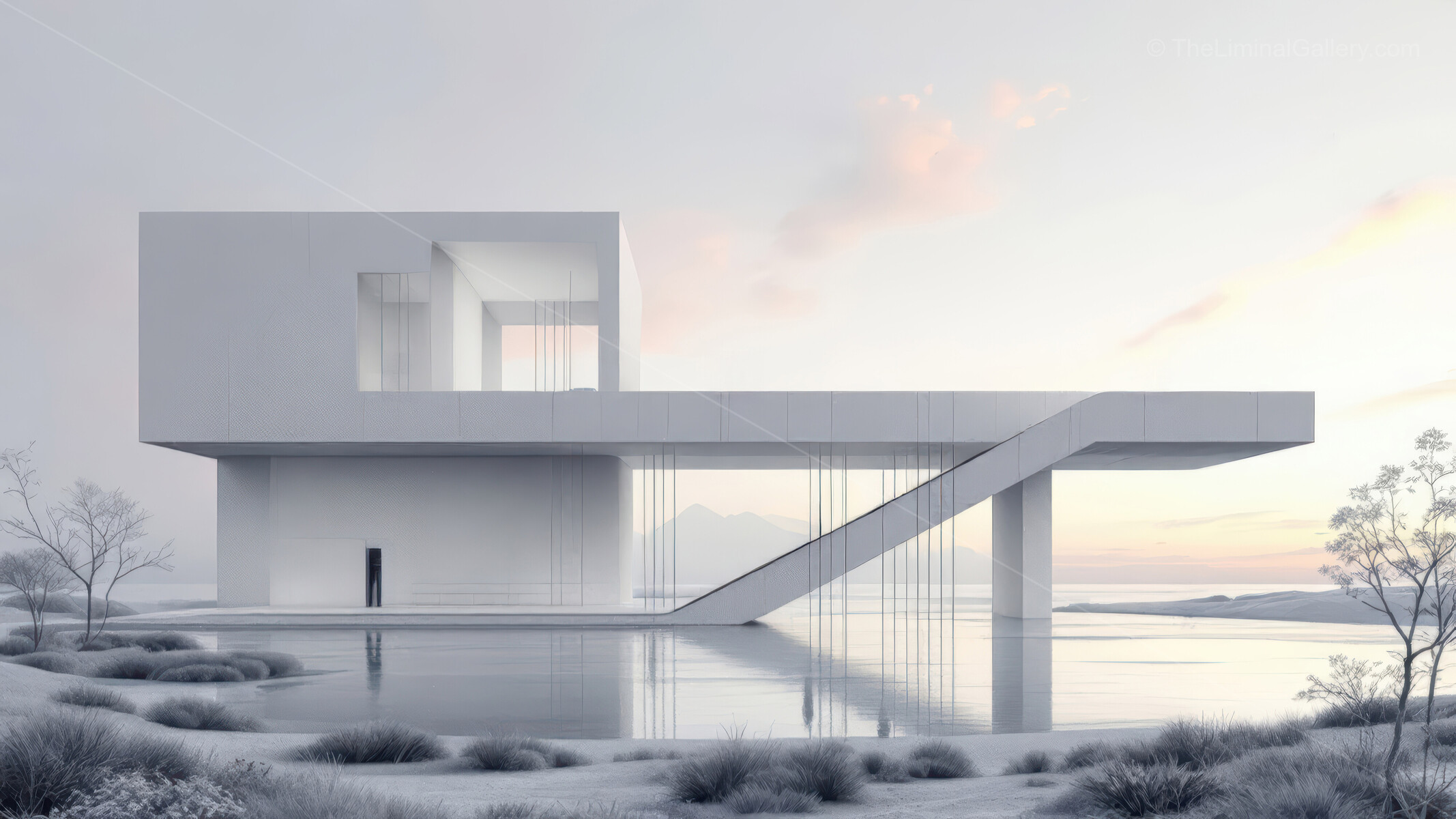Liminal twilight waterfront pavilion marries minimalist architecture with serene reflections, crafting harmonious scene where modern lines meet calming natural beauty