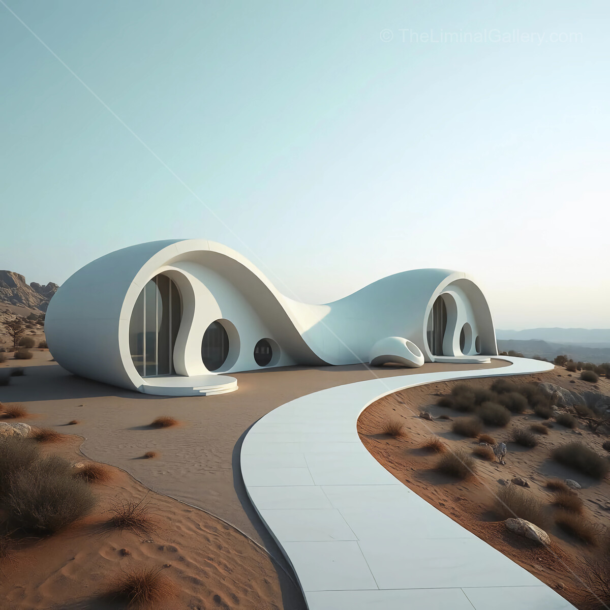 Unique modern liminal architecture curves against a serene desert backdrop at twilight