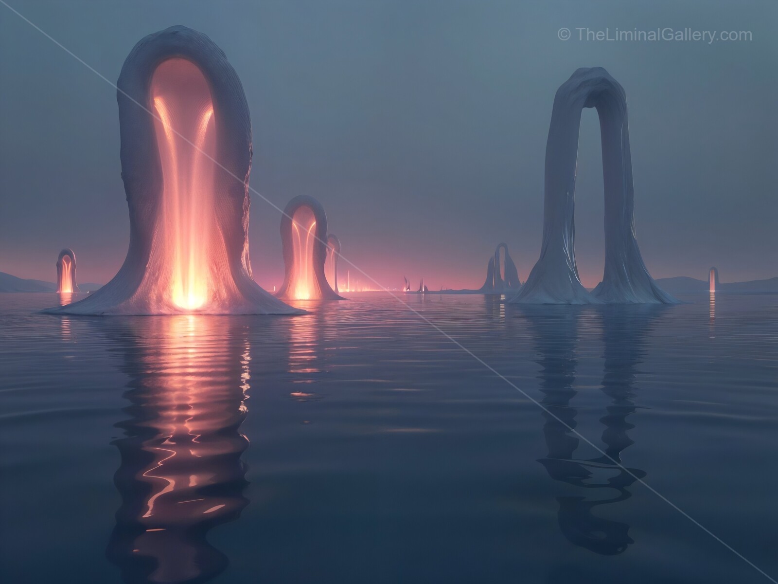 Ethereal ice formations illuminate a serene twilight lake with glowing reflections