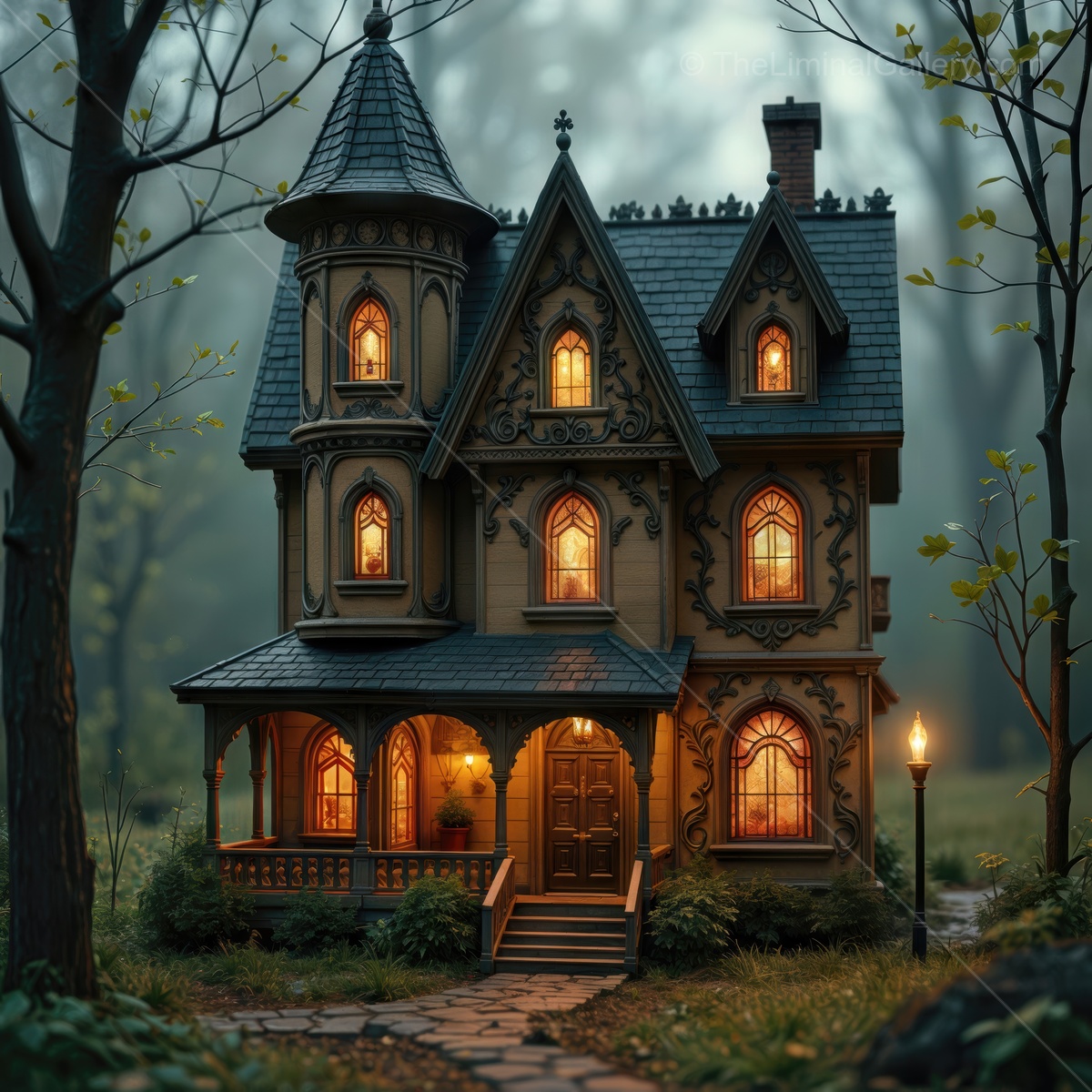Enchanted Victorian home glows warmly in misty forest dusk, candlelit windows contrasting rich woodwork with shadowed pines, crafting a nostalgic, cozy woodland vignette