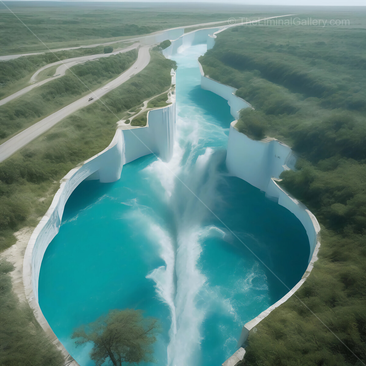 Water cascades dramatically from steep cliffs into a turquoise oasis surrounded by lush greenery and winding roads