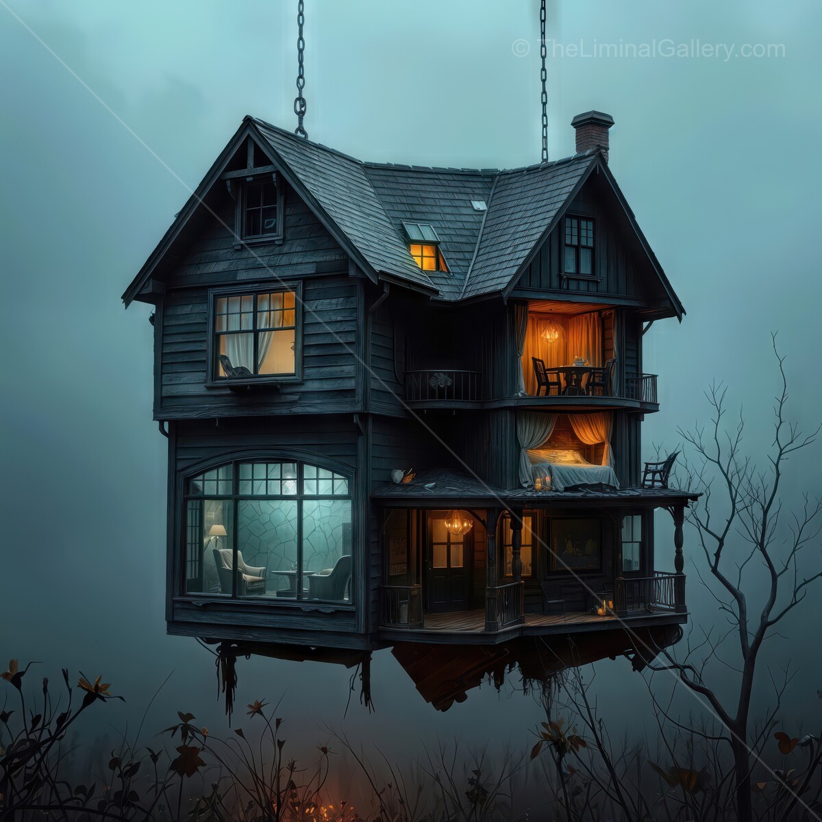 Floating in twilight, a whimsical house reveals its secrets in a surreal twilight setting