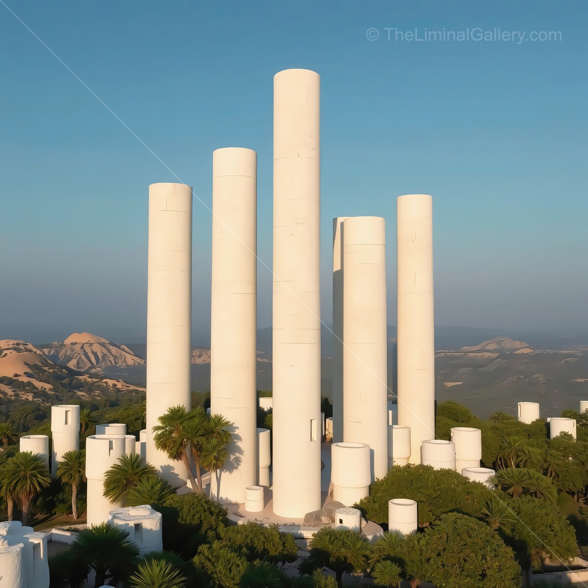 Monumental white columns rise against a clear blue sky in a serene landscape at sunset