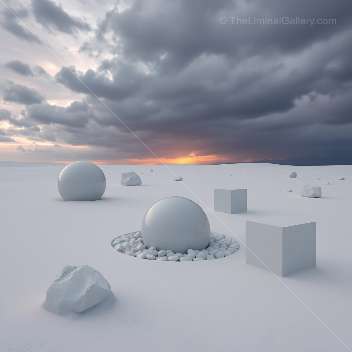 Surreal landscape of geometric forms against a dramatic twilight sky filled with stormy clouds
