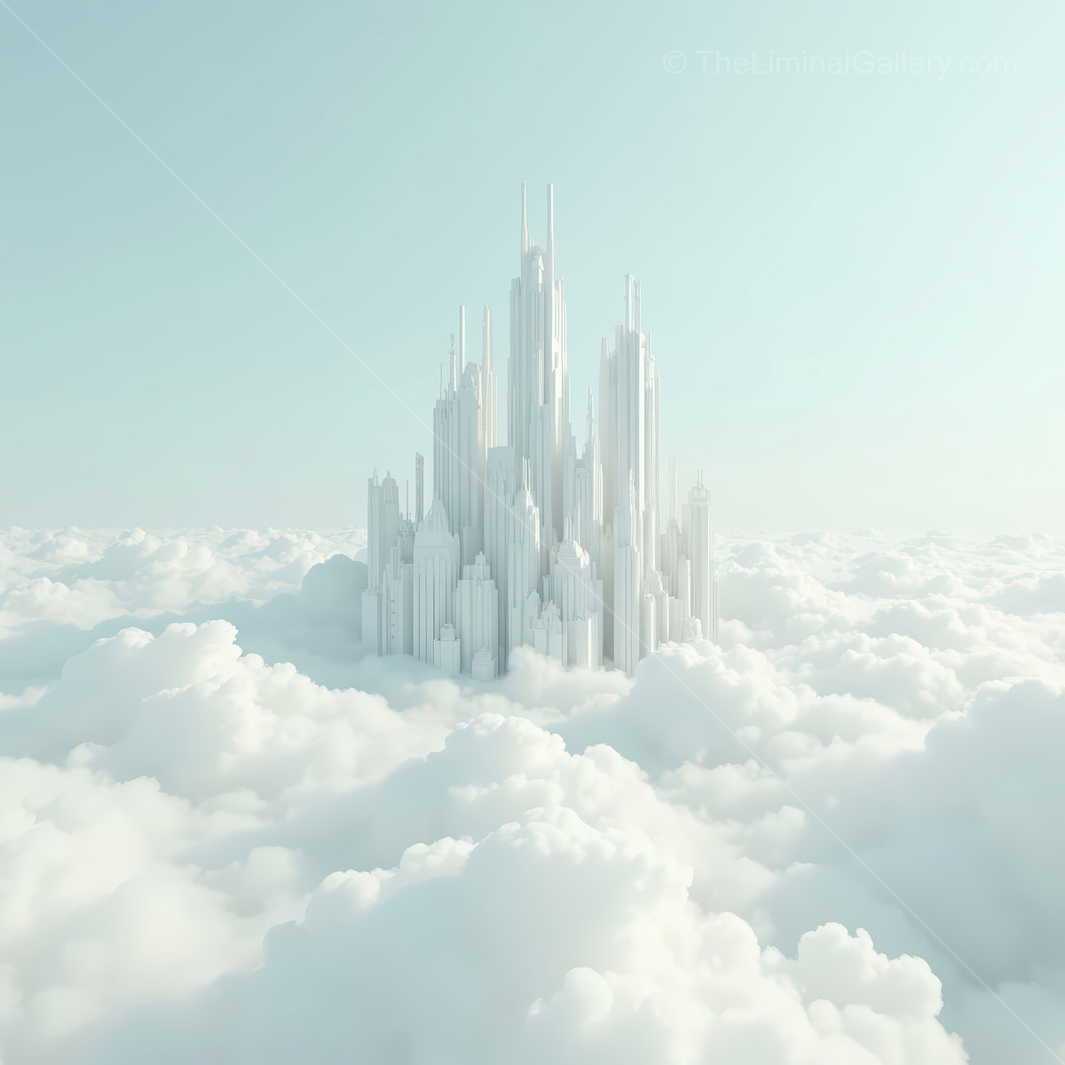 Majestic white city emerging from fluffy clouds under a serene blue sky brings a sense of wonder and tranquility to the viewer's imagination
