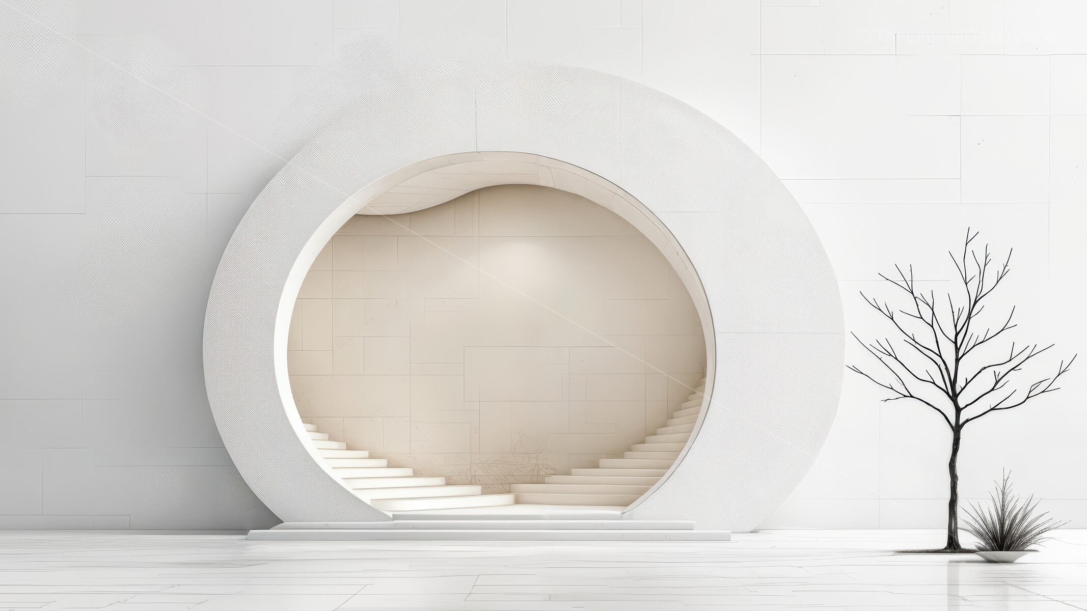 Liminal spiral staircase winds inside circular white alcove, minimalist decor and surrounding greenery framing an ascent that feels contemplative and uplifting