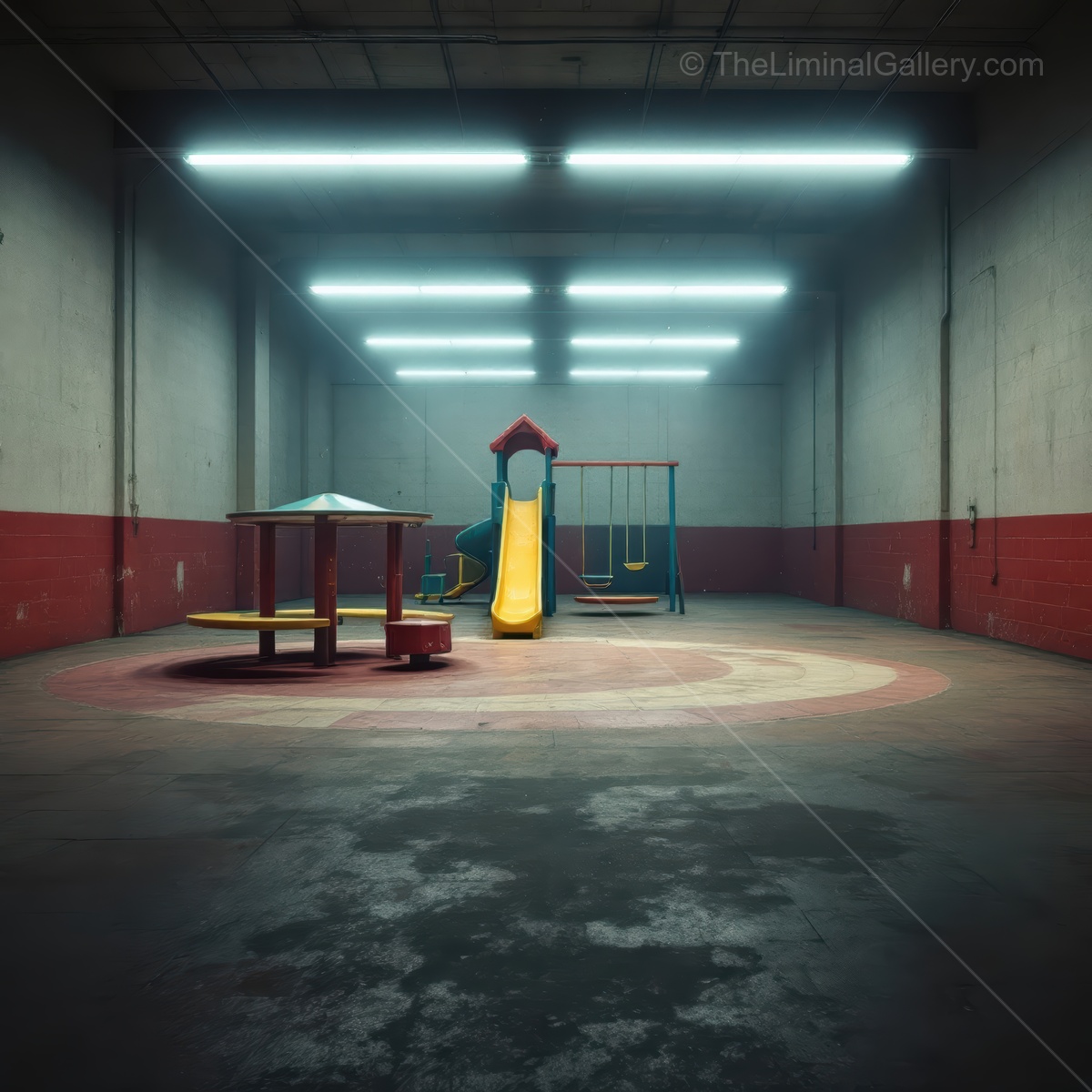 Harsh lights glaze a liminal, forgotten indoor playground, empty swings and slides casting long shadows that echo vanished laughter with eerie nostalgia
