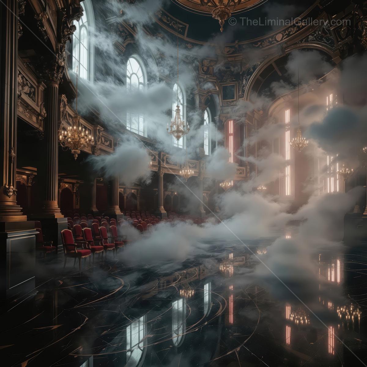 Liminal space of an abandoned theater filled with mist and soft light reflecting on the marble floor