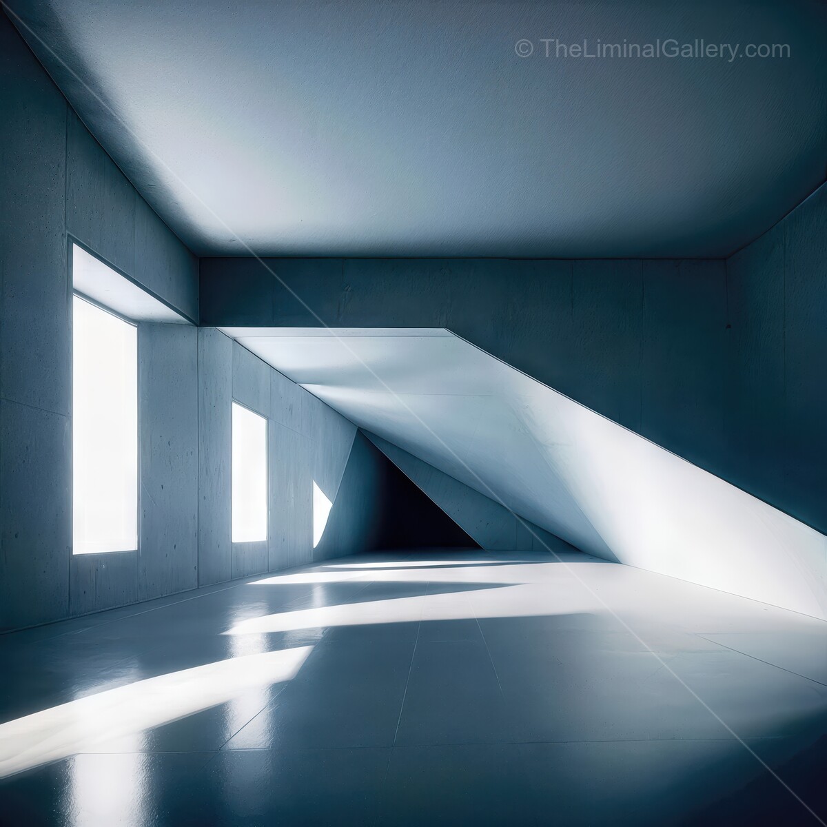 Abstract play of light and shadow in a liminal minimalistic room with dynamic angles