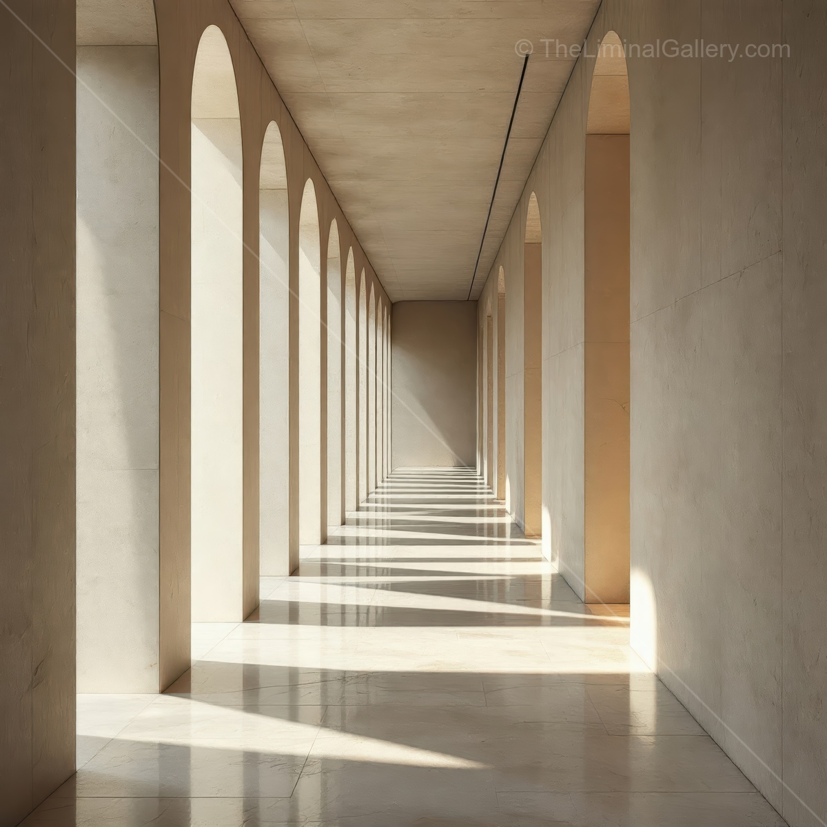 Soft ambient light sweeps through tranquil corridor, polishing floors and accentuating refined arches to showcase the quiet brilliance of contemporary design