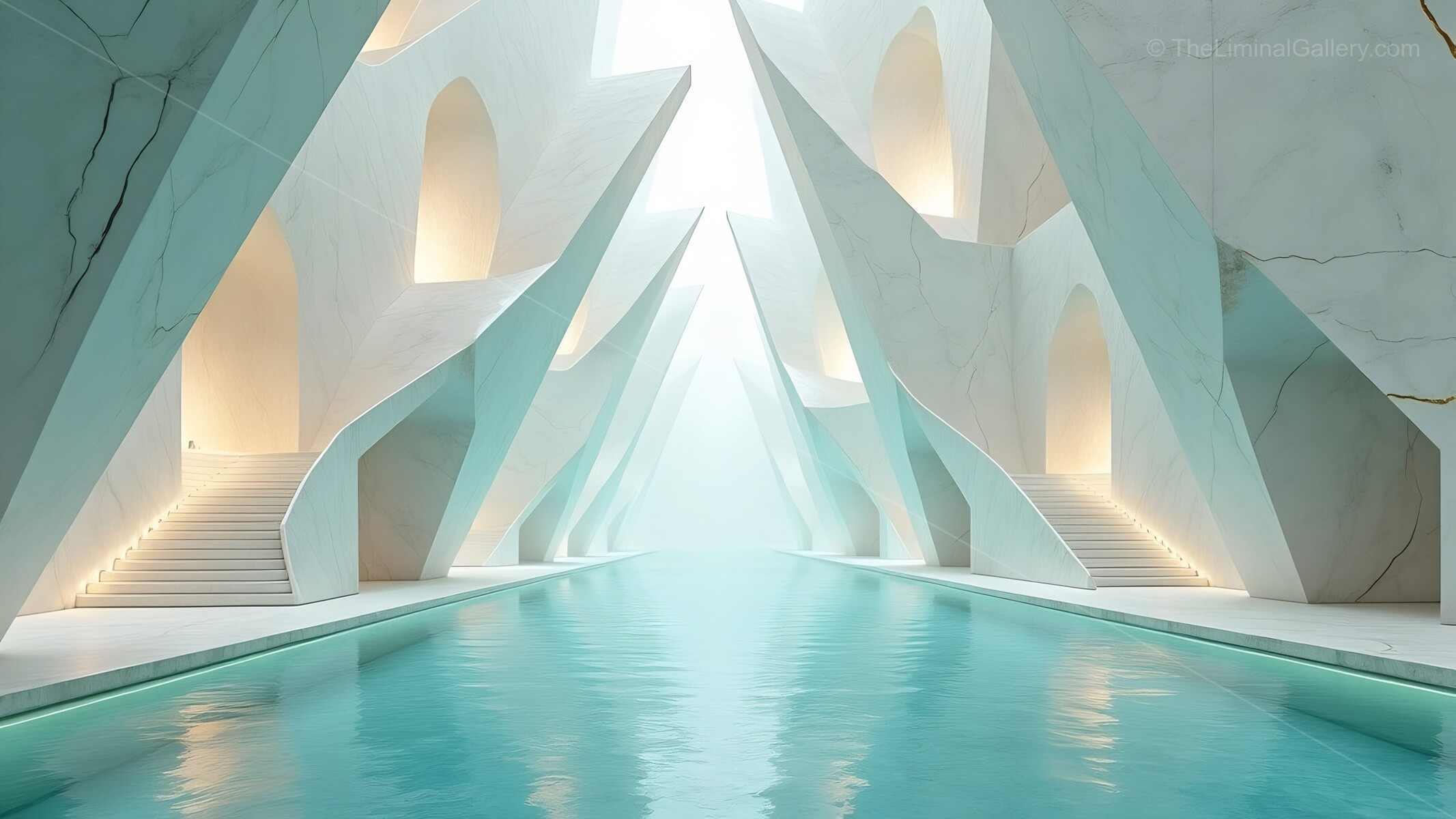 Unique liminal architectural space featuring serene water and angular marble structures in soft light