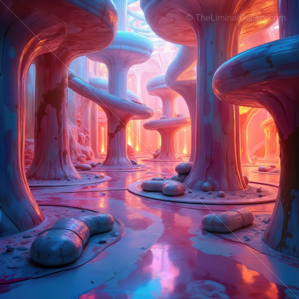 Vibrant and surreal landscape of towering bioluminescent trees glowing in elegant colors, inviting exploration and imagination in a dreamlike realm