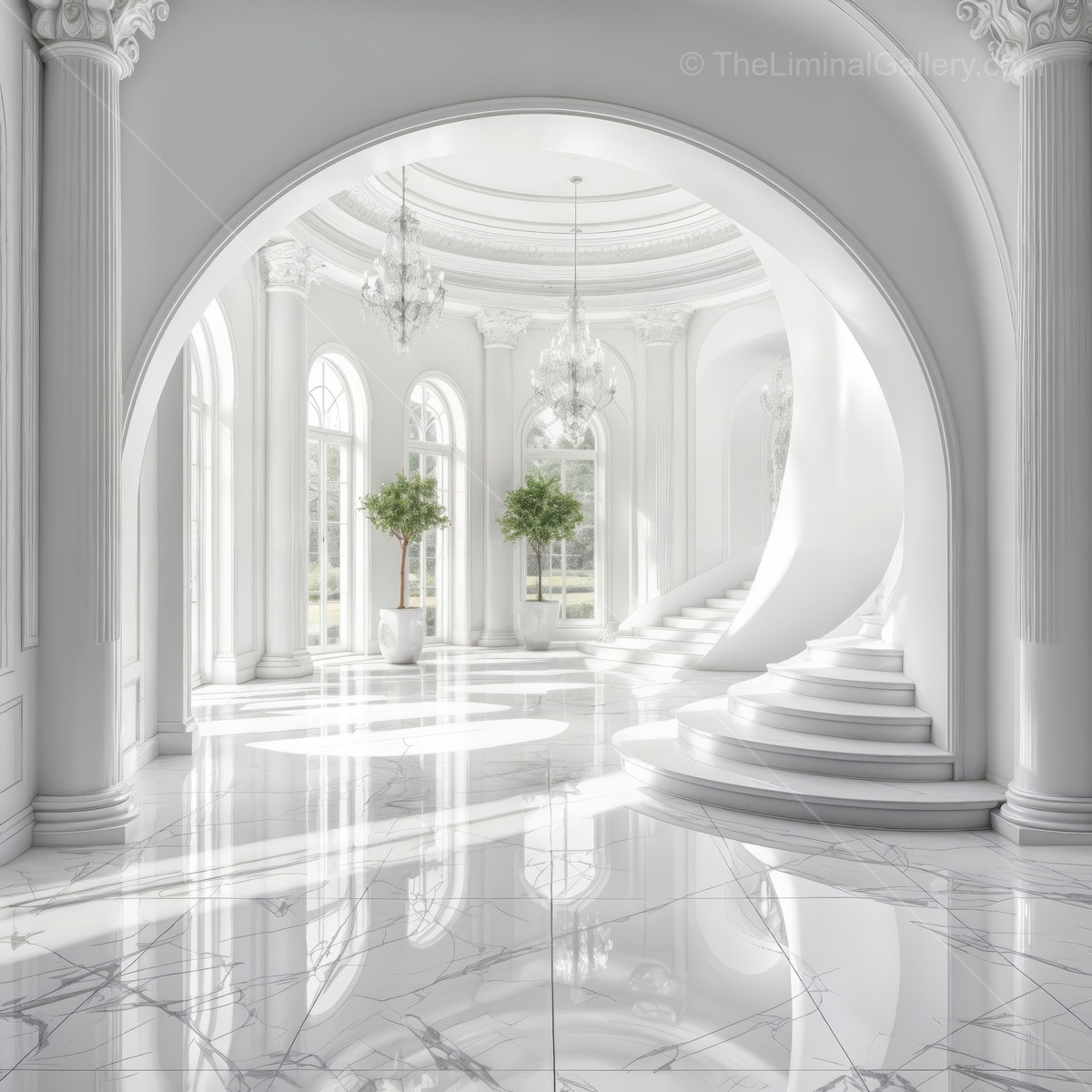 Exploring a bright and serene liminal space with elegant architecture and soft natural light