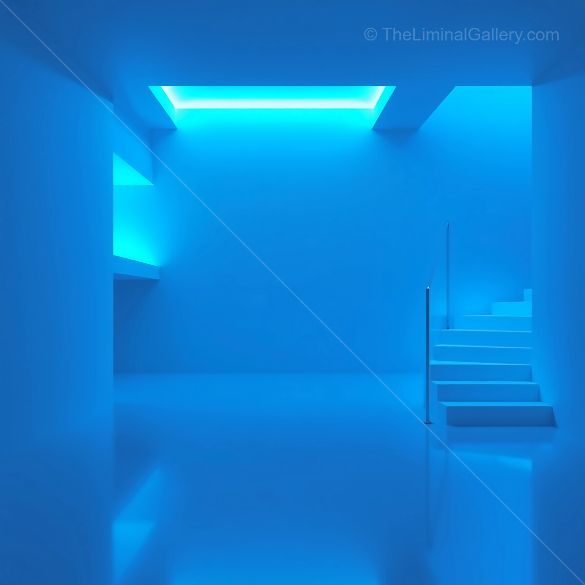 Liminal, bright blue light illuminates a minimalist interior with sleek staircase and smooth reflective floor