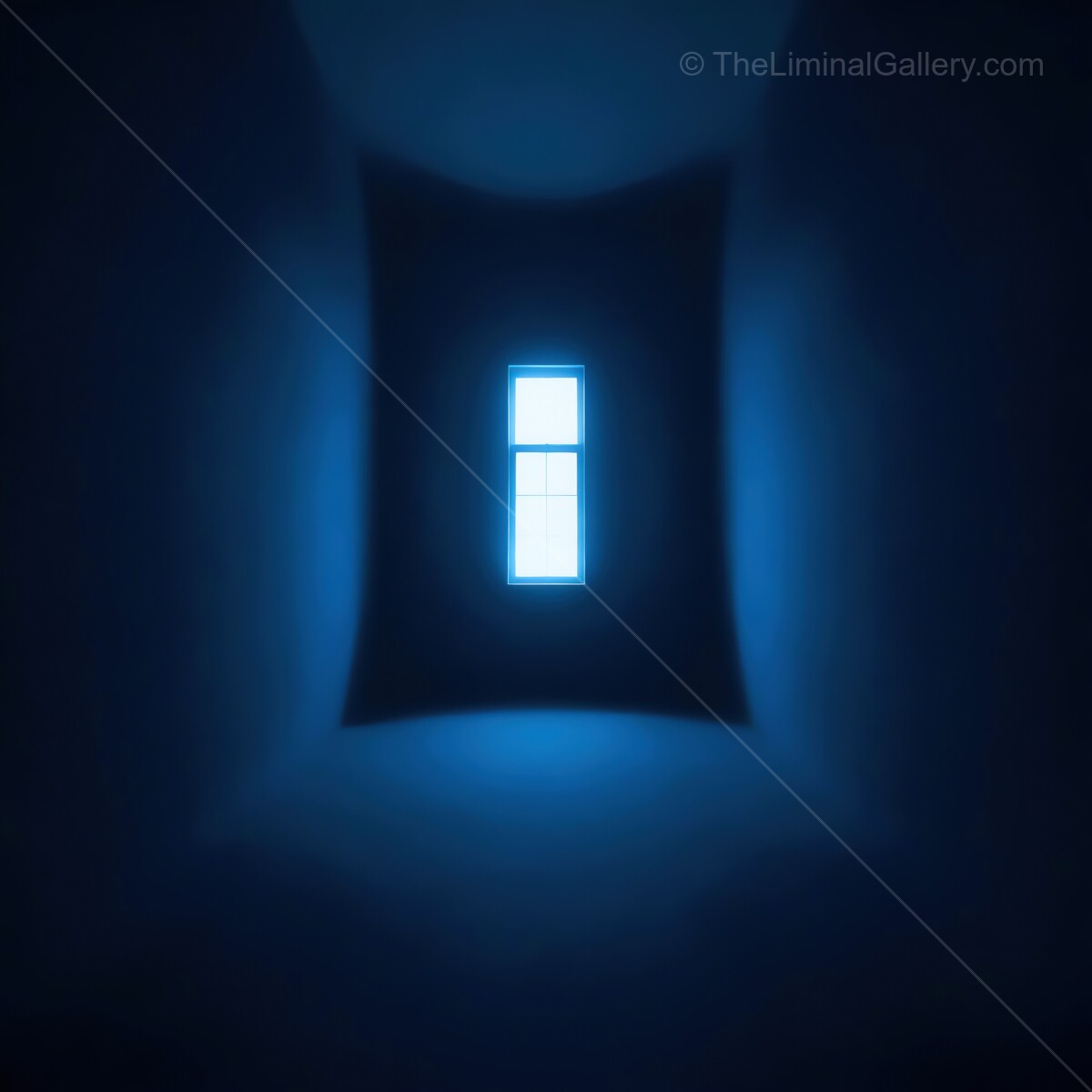 Bright liminal light streams through a mysterious dark hallway creating an ethereal atmosphere