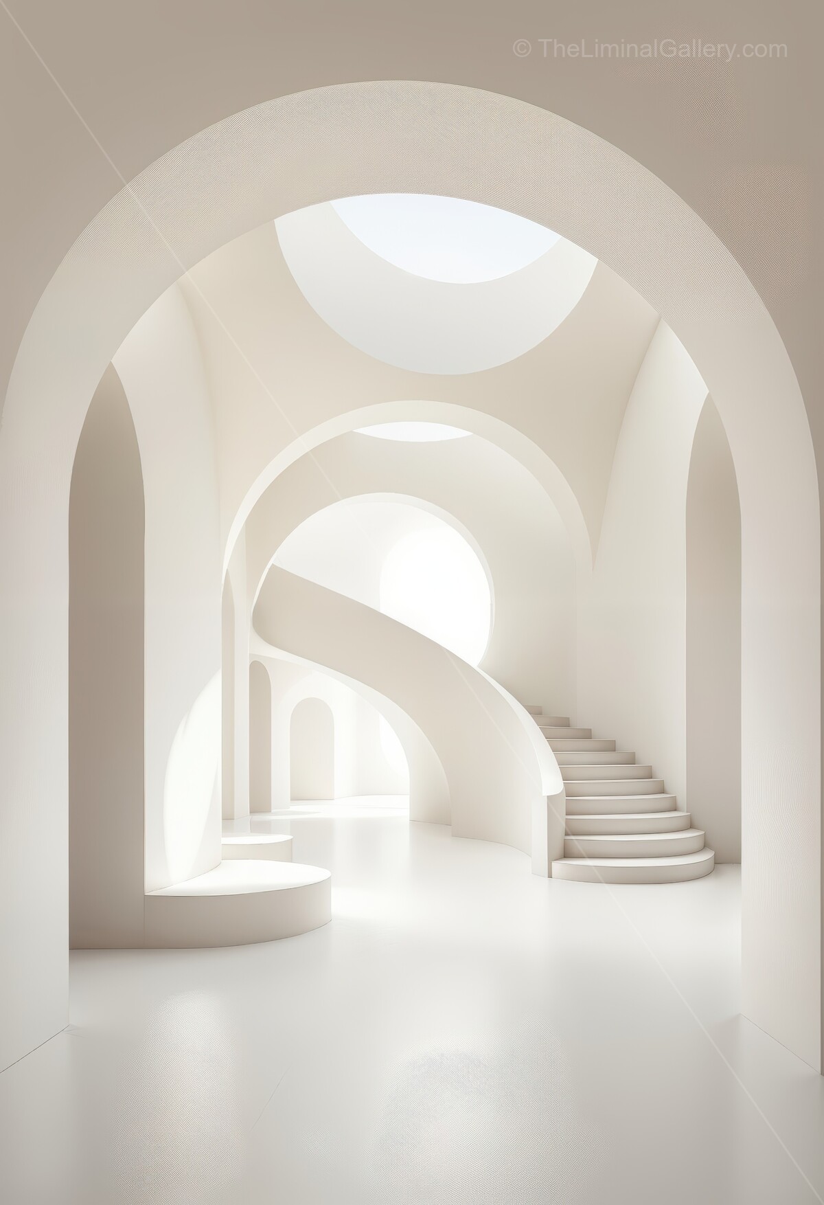Bright minimalist hall with elegant curves and ambient light fosters a soothing, spacious atmosphere that welcomes visitors into an oasis of peace and clarity