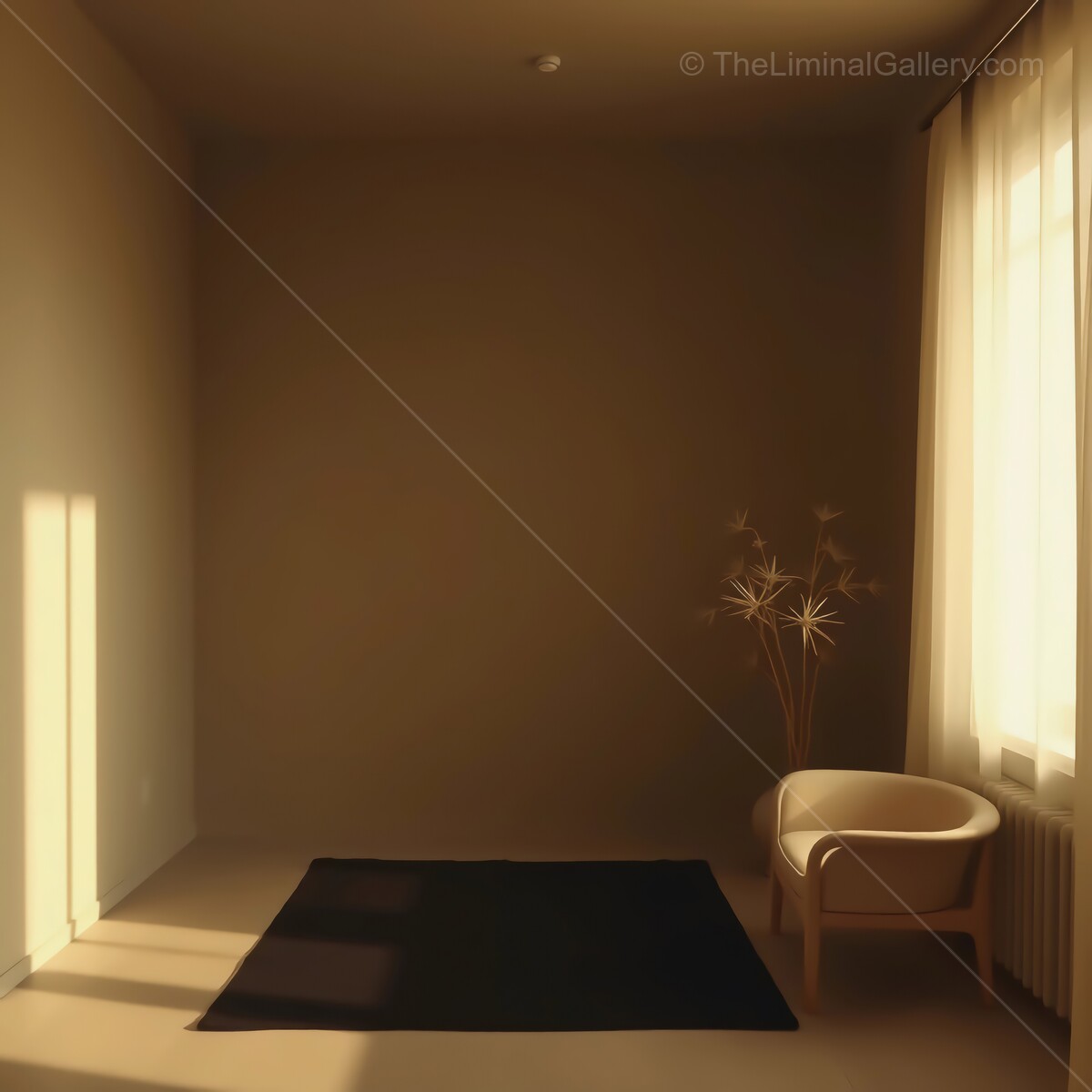 Calm interior expanse with soft liminal sunlight illuminating the serene space