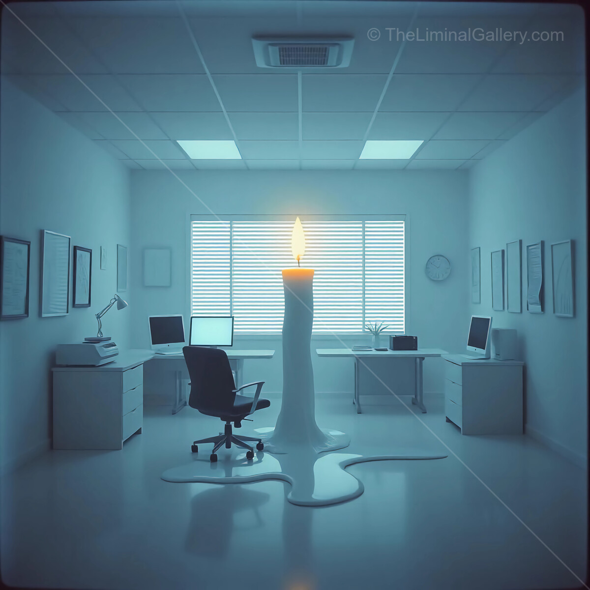 Intriguing candle illuminating a liminal empty office space during twilight hours