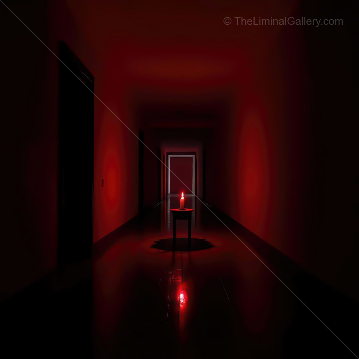 Liminal candlelit corridor at midnight flickers with dancing shadows, flame-lit walls weaving eerie yet captivating ambience that tempts visitors deeper into night