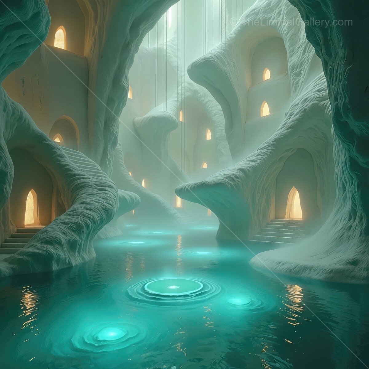 Mysterious liminal cave interior with glowing waters and ethereal architecture inviting exploration and wonder
