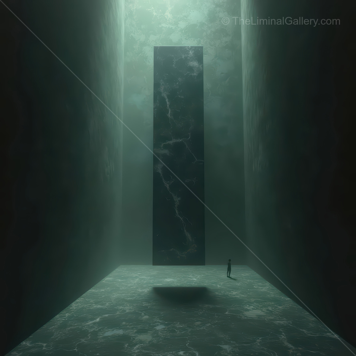 In a dim cavern, a towering monolith glows with ancient mystery as a lone wanderer contemplates its secrets, the hush of stone amplifying wonder